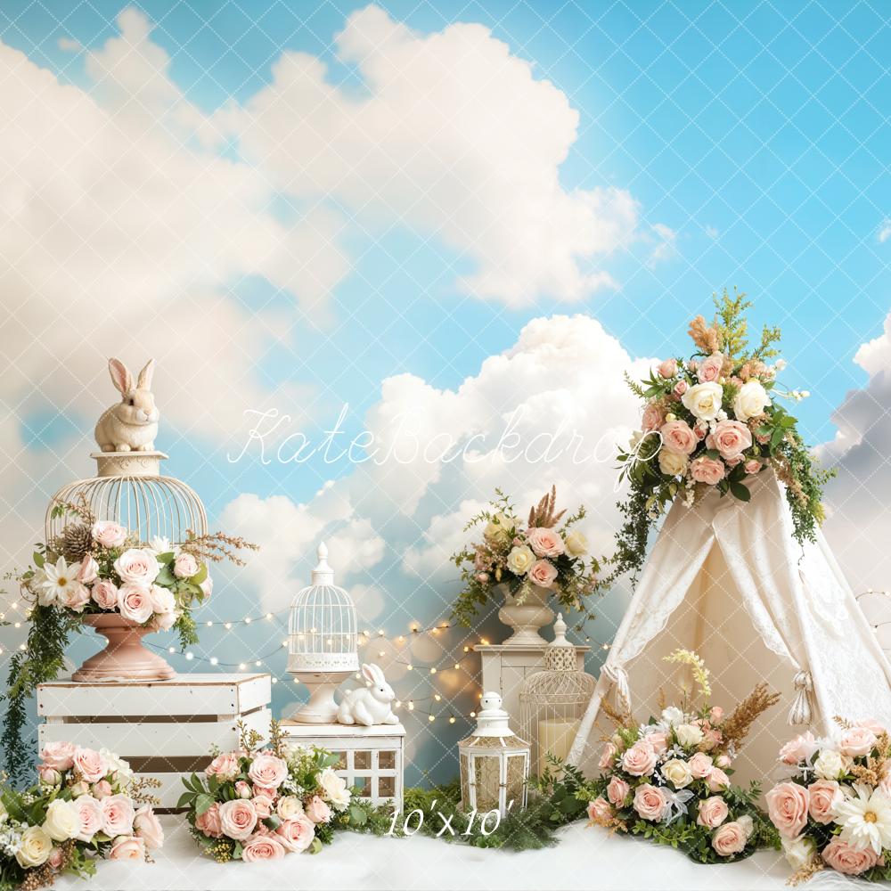Kate Spring Bunny Birdcage Floral Tent Blue Sky Backdrop Designed by Emetselch