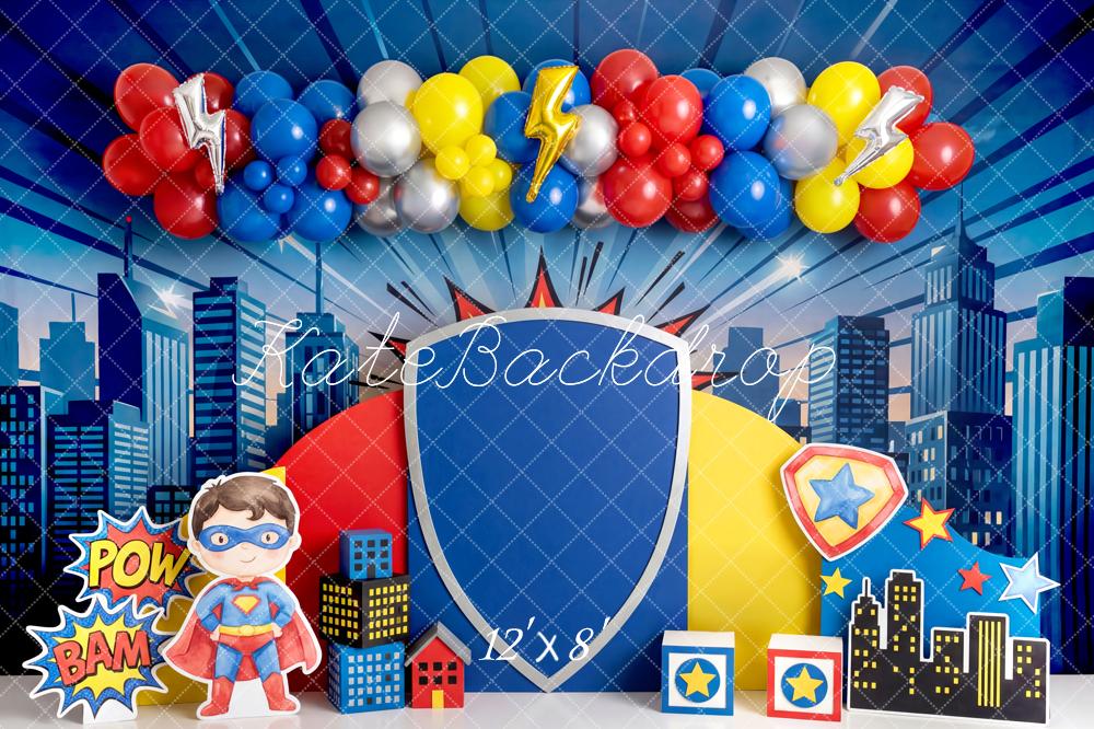 TEST Kate Superhero City Skyline Comic Balloons Shield Printed Backdrop Designed by Patty Roberts
