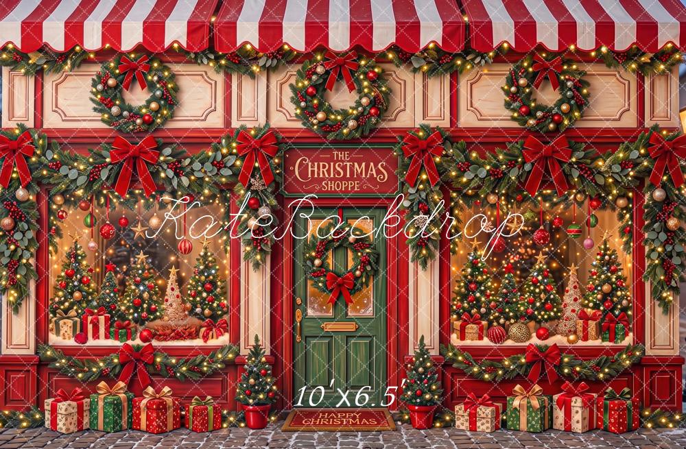 Kate Christmas Storefront Wreaths Gift Boxes Red Striped Awning Bow Printed Backdrop Designed by Angela Miller