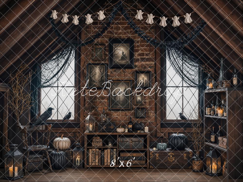 Kate Halloween Attic Ravens Black Pumpkins Brick Wall Printed Backdrop Designed by Emetselch