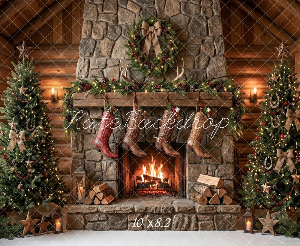 Kate Christmas Rustic Stone Fireplace Cowboy Boots Christmas Trees Printed Backdrop Designed by Angela Miller
