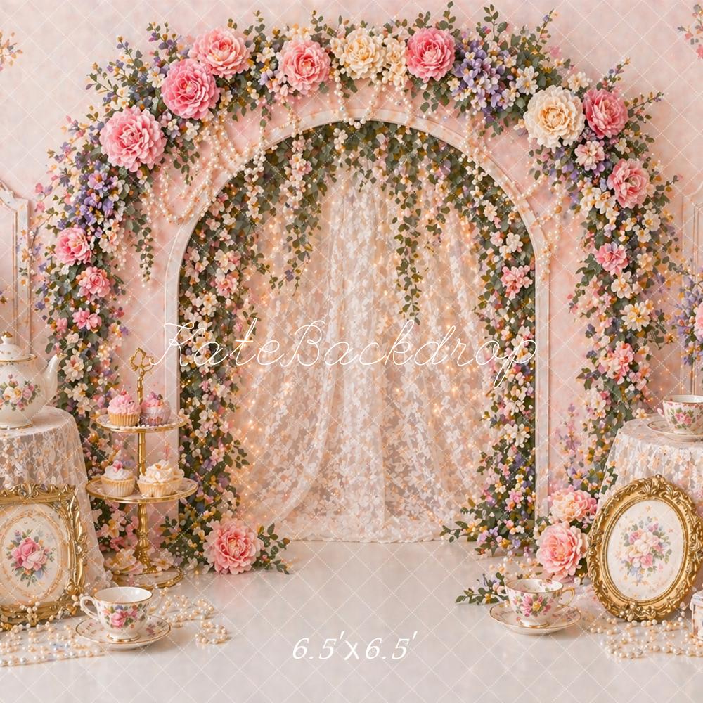 Kate Flower Arch Pink Floral Tea Set Printed Backdrop Designed by Caitlin Lynch