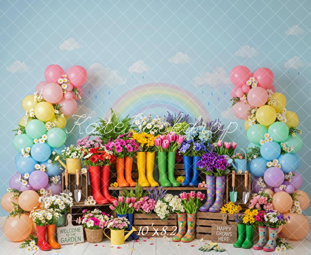 Kate Spring Birthday Garden Balloon Arch Flowers Rain Boots Rainbow Printed Backdrop Designed by Patty Roberts