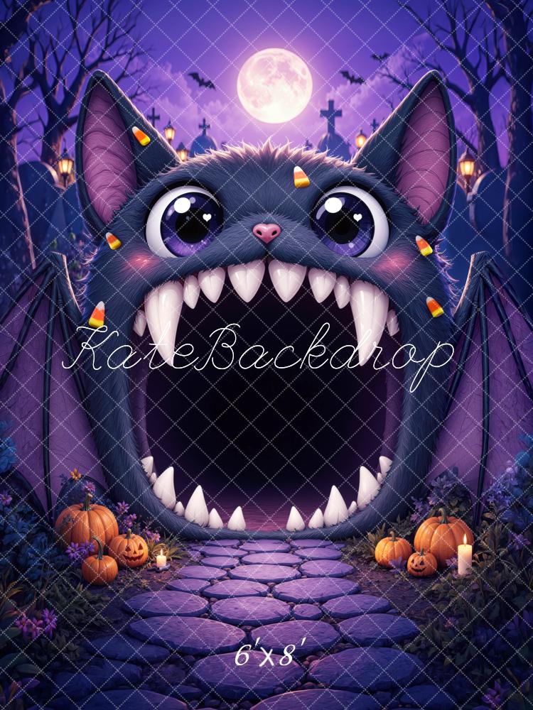Kate Halloween Trunk or Treat Purple Bat Monster Pumpkins Cobblestone Printed Backdrop Designed by Mini MakeBelieve