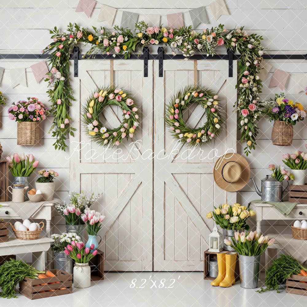 Kate Spring Tulip Wreath Barn Door Backdrop Designed by Mini MakeBelieve
