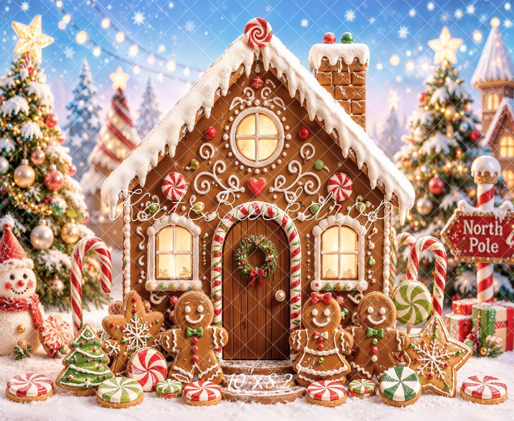 Kate Christmas Gingerbread House Candy Cane Snowman Printed Backdrop Designed by Chain Photography