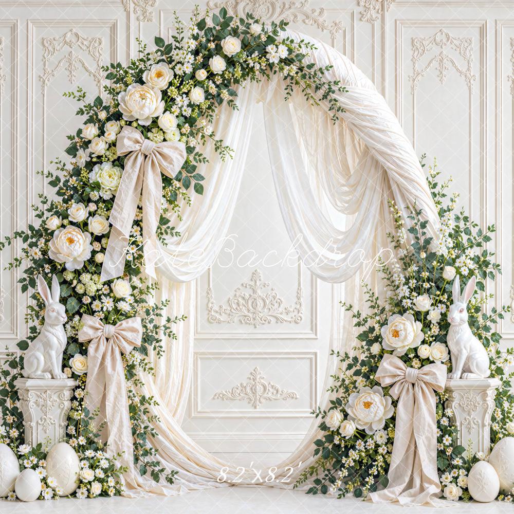 Kate Easter White Floral Arch Drapery Bow Bunny Vintage Printed Backdrop Designed by Mini MakeBelieve