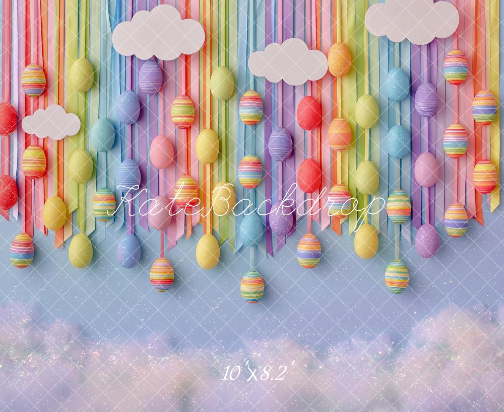 Kate Easter Kids Hanging Eggs Rainbow Clouds Printed Backdrop Designed by Angela Miller