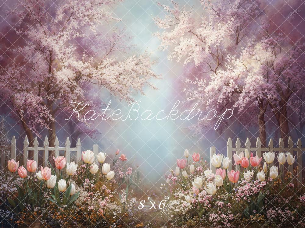 Kate Spring Cherry Blossom Trees Tulips White Picket Fence Backdrop Designed by Emetselch