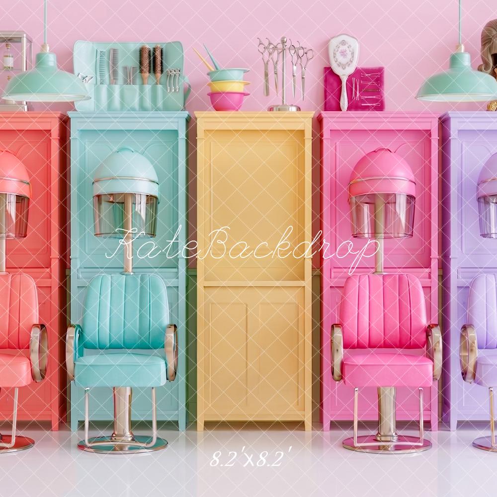 Kate Hair Salon Girls Colorful Beauty Chairs Cabinets Printed Backdrop Designed by Angela Miller