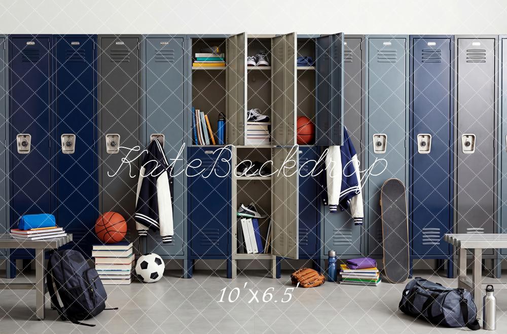 Kate Hign Teen Locker Room Sports Equipment Blue Printed Backdrop Designed by Patty Roberts