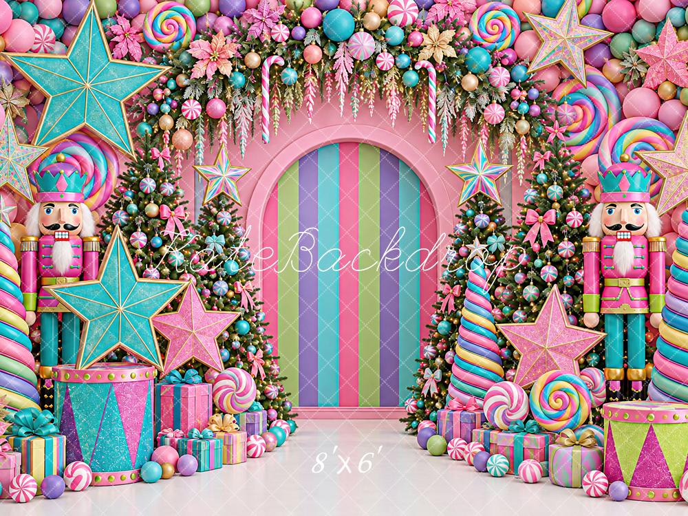 Kate Christmas Colorful Candy Nutcracker Arch Stars Printed Backdrop Designed by Angela Miller
