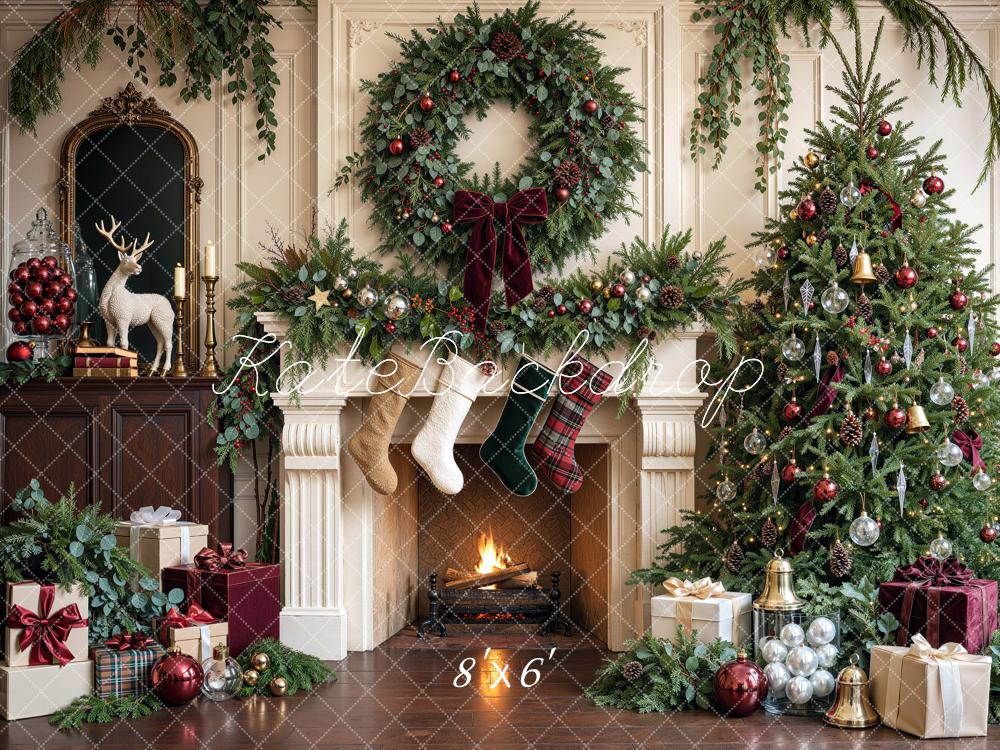 Kate Christmas Tree Fireplace Botanical Wreath Stockings Printed Backdrop Designed by Mini MakeBelieve