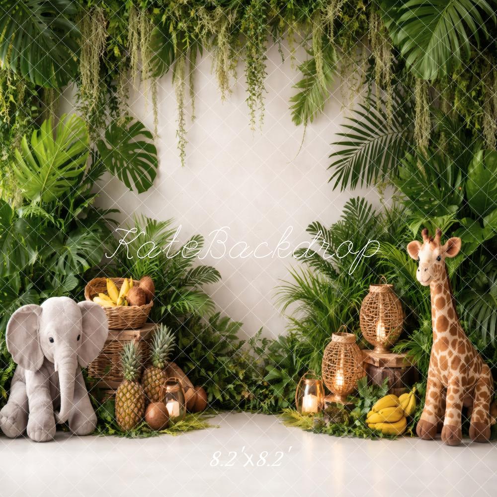 Kate Jungle Greenery Elephant Giraffe Plush Fruit Printed Backdrop Designed by Vertigo Productions