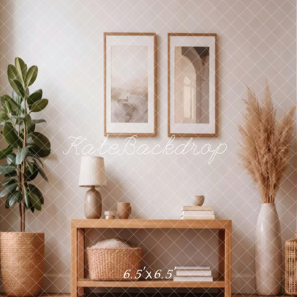 Kate Neutral Living Room Plant Cabinet Decor Printed Backdrop Designed by Vertigo Productions