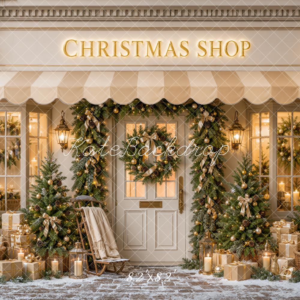 Kate Christmas Shop Storefront Sleigh Trees Gifts Printed Backdrop Designed by Emetselch