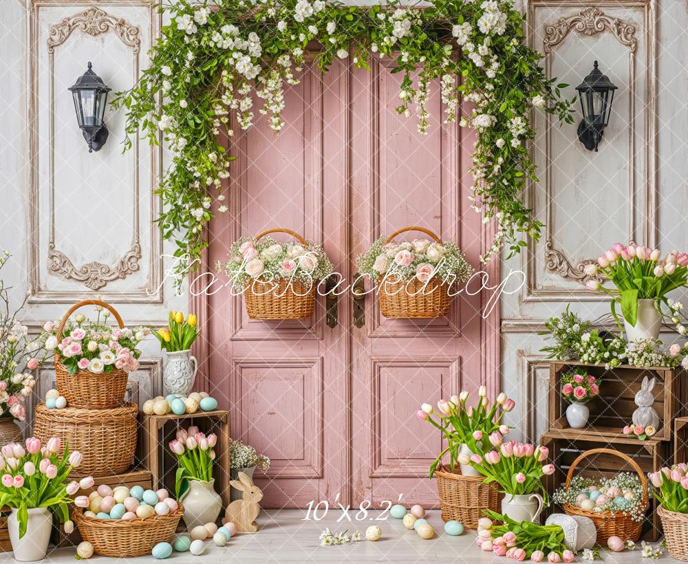 Kate Easter Basket Pastel Eggs Pink Door Flowers Printed Backdrop Designed by Patty Roberts