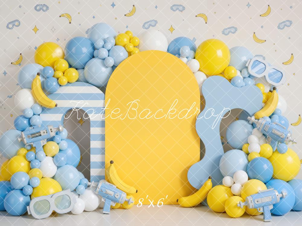 Kate Cake Smash Playful Banana Goggles Balloon Arch Yellow Blue Printed Backdrop Designed by Mini MakeBelieve