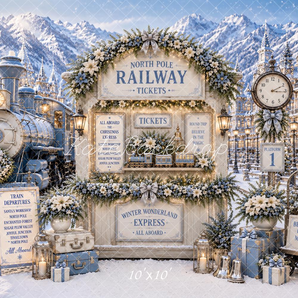 Kate Christmas Polar Train North Pole Railway Blue Snowy Printed Backdrop Designed by Ashley Paul