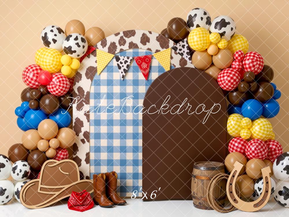 Kate Cake Smash Western Cowboy Cowhide Balloon Arch Brown Printed Backdrop Designed by Mini MakeBelieve