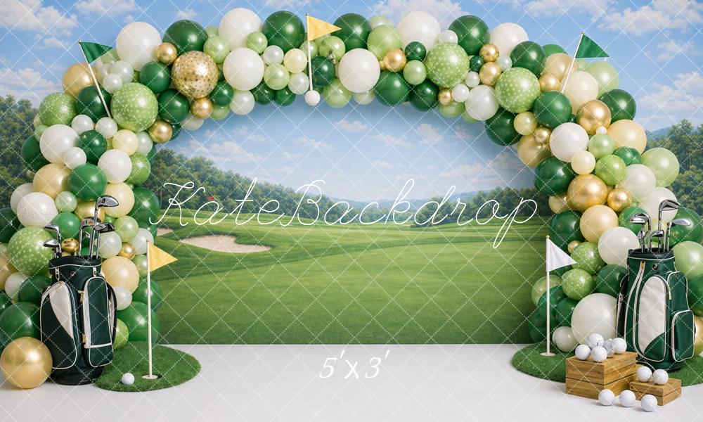Kate Birthday Golf Course Balloon Arch Green Fairway Printed Backdrop Designed by Caitlin Lynch