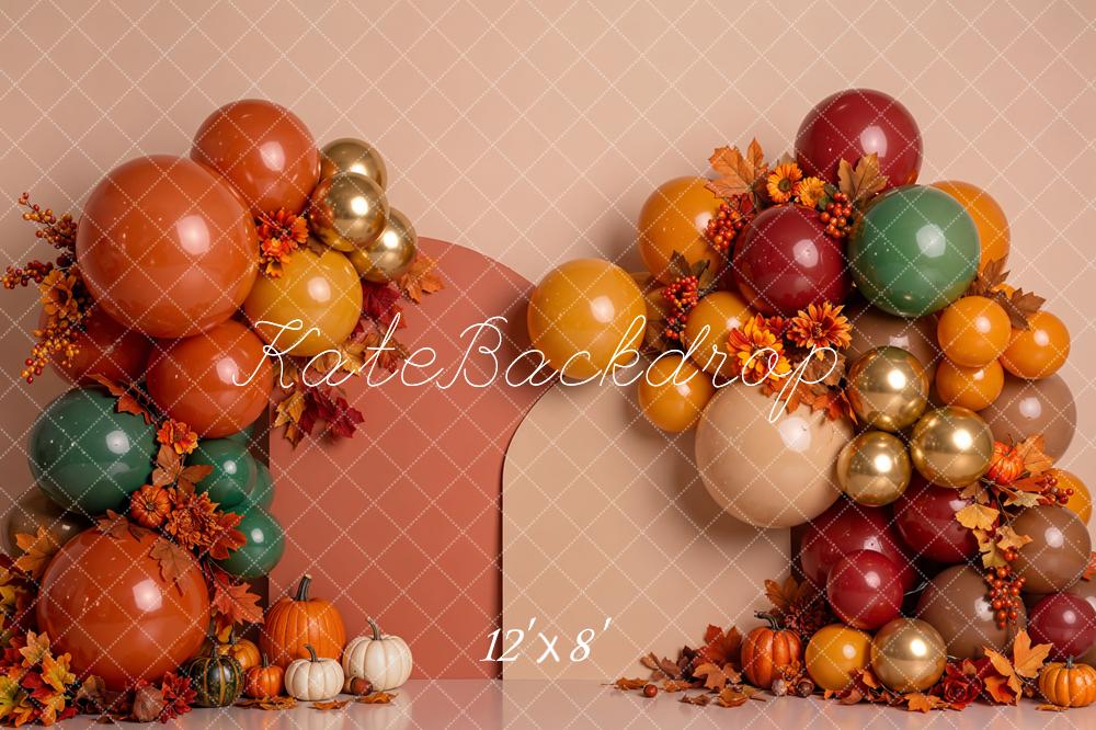 Kate Fall Birthday Balloon Arch Pumpkins Maple Leaves Printed Backdrop Designed by Emetselch