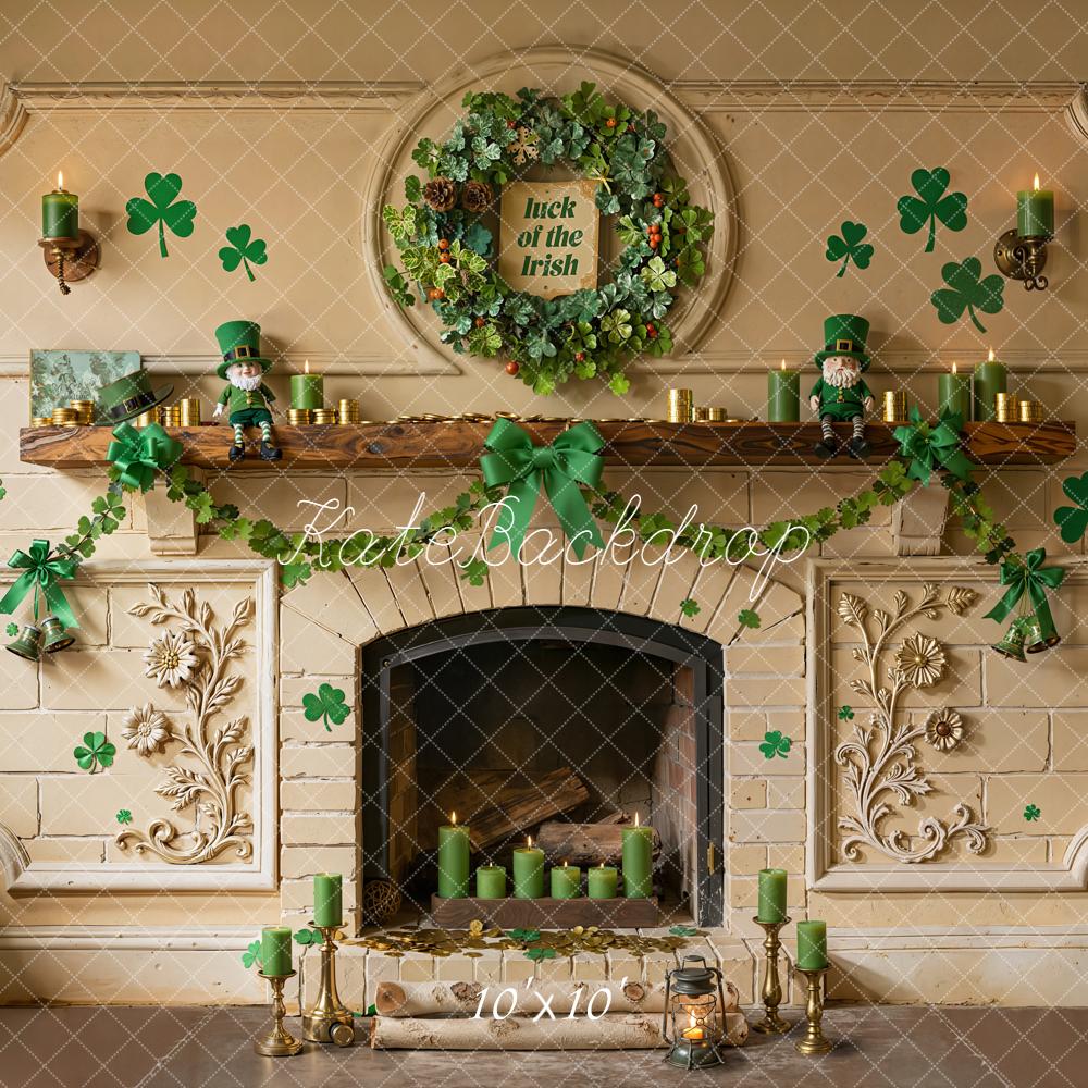 Kate St. Patrick's Day Fireplace Shamrock Green Wreath Printed Backdrop Designed by Emetselch
