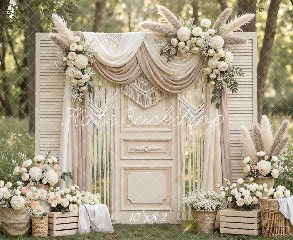 Kate Boho Flower Arch Beige Shutter Door Backdrop Designed by Mini MakeBelieve