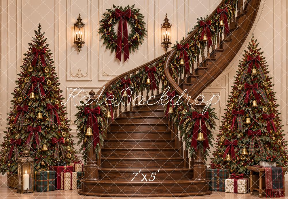 Kate Christmas Staircase Trees Wreaths Gifts Printed Backdrop Designed by Emetselch