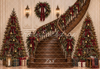 Kate Christmas Staircase Trees Wreaths Gifts Printed Backdrop Designed by Emetselch