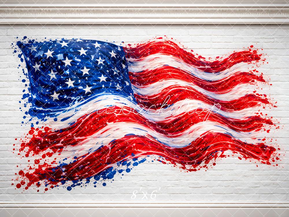 Kate Fourth Of July American Flag Paint Splash on White Brick Wall Printed Backdrop Designed by Mini MakeBelieve