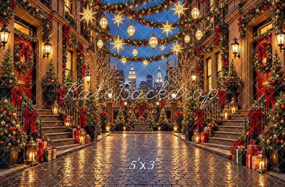 Kate Christmas Urban City Street Buildings Red Bows Garlands Lights Printed Backdrop Designed by Shutter Swan Studios