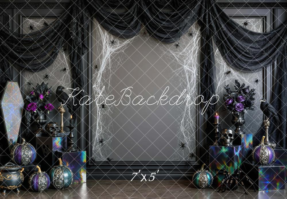 Kate Halloween Gothic Spider Web Skull Pumpkins Black Drapes Printed Backdrop Designed by Mini MakeBelieve