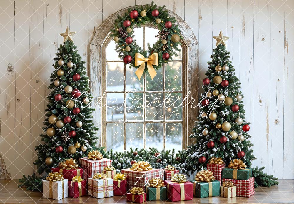 Kate Christmas Trees Window Wreath Presents Distressed Backdrop Designed by Mini MakeBelieve