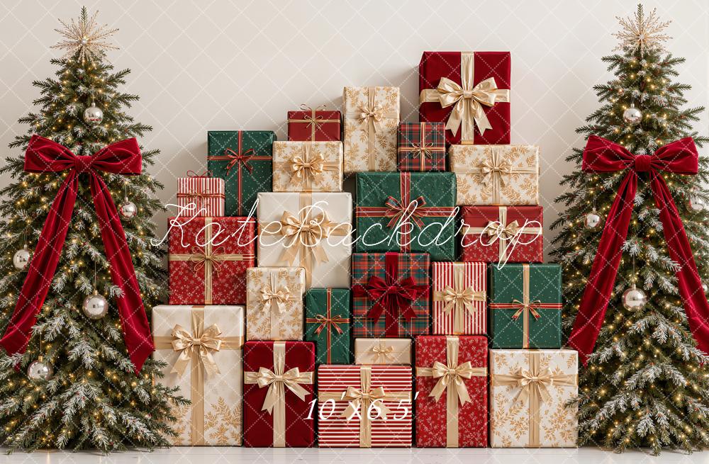 Kate Christmas Tartan Gift Boxes Trees Red Bow Printed Backdrop Designed by Emetselch