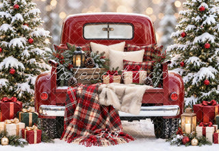 Lightning Deal Kate Christmas Red Vintage Truck Snowy Trees Plaid Blanket Printed Backdrop Designed by Emetselch