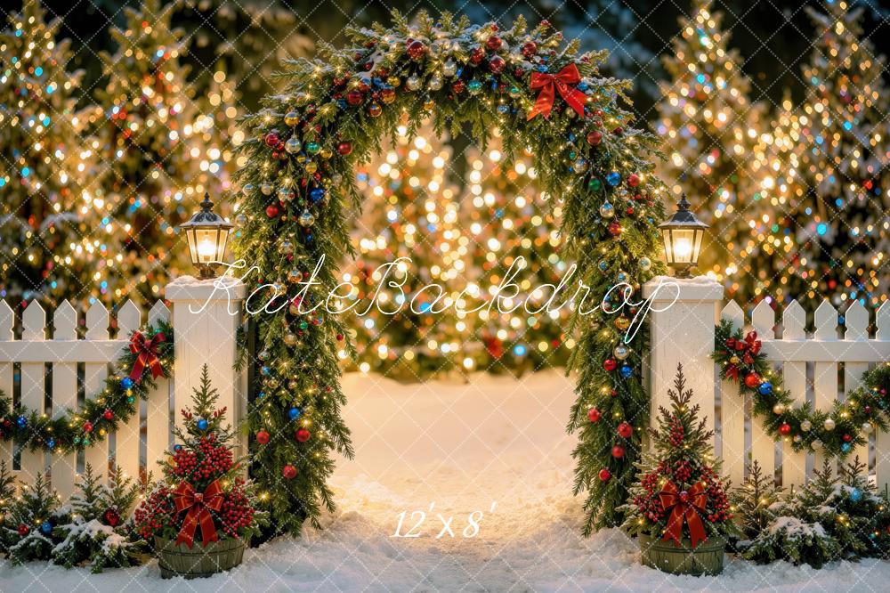 Kate Christmas Night Garland Arch Fence Glow Trees Printed Backdrop Designed by Mini MakeBelieve