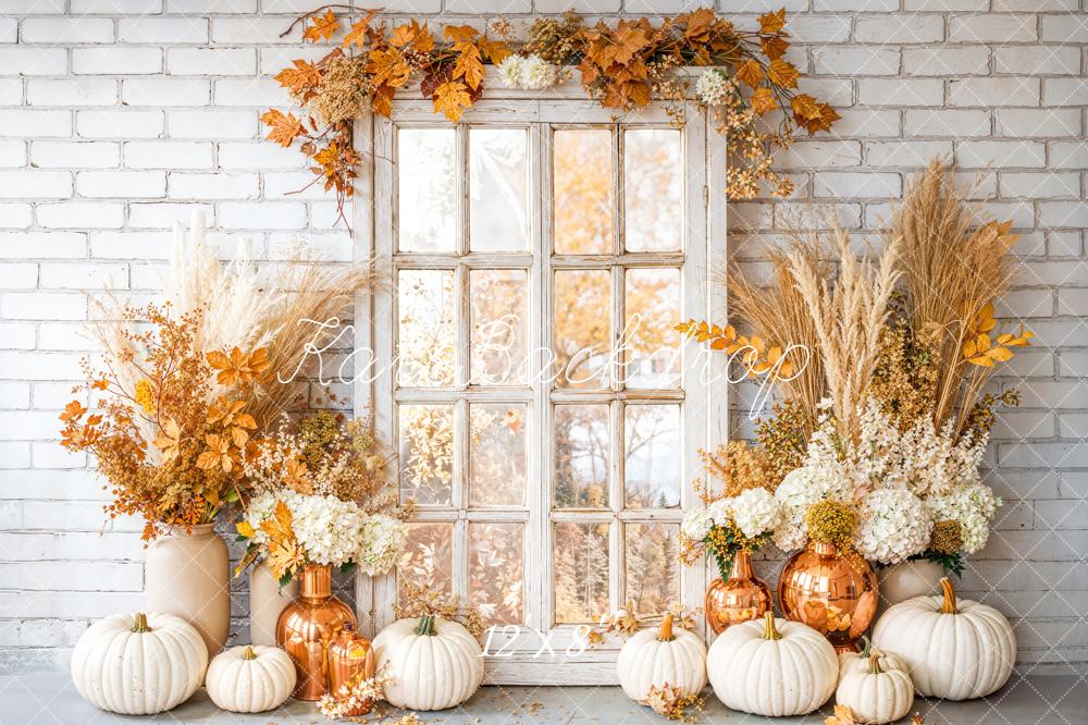 Kate Fall White Pumpkins Rustic Window Dried Flowers Vase Backdrop Designed by Emetselch