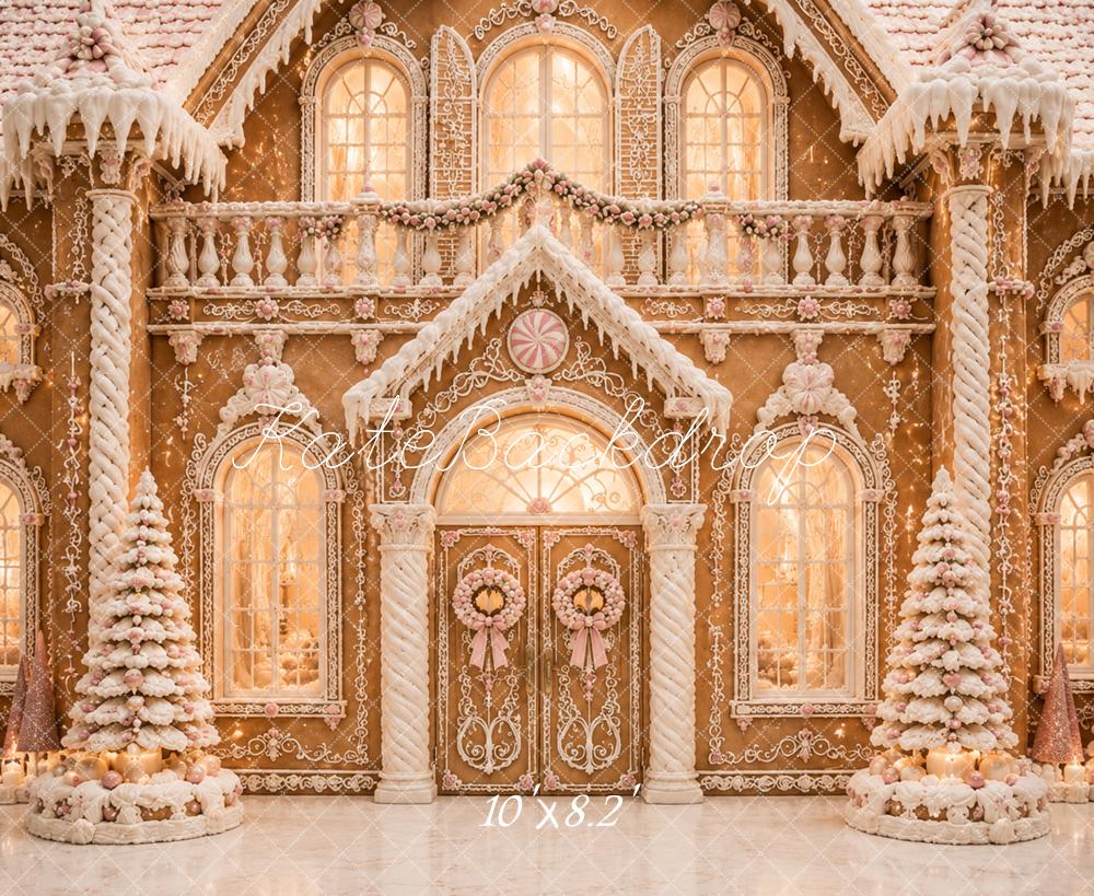 Kate Christmas Snowy Gingerbread Palace Printed Backdrop Designed by Caitlin Lynch