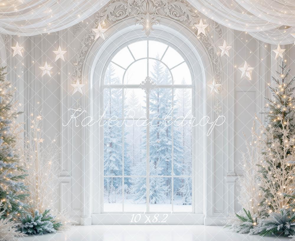 Kate Christmas Snowy Window Trees Hanging Stars Printed Backdrop Designed by Mini MakeBelieve