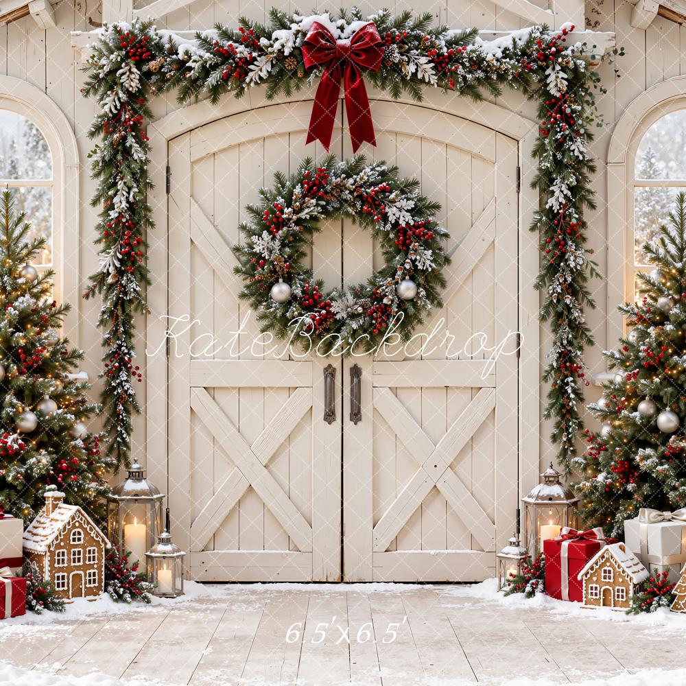 Kate Christmas White Barn Door Garland Wreath Snowy Trees Printed Backdrop Designed by Emetselch
