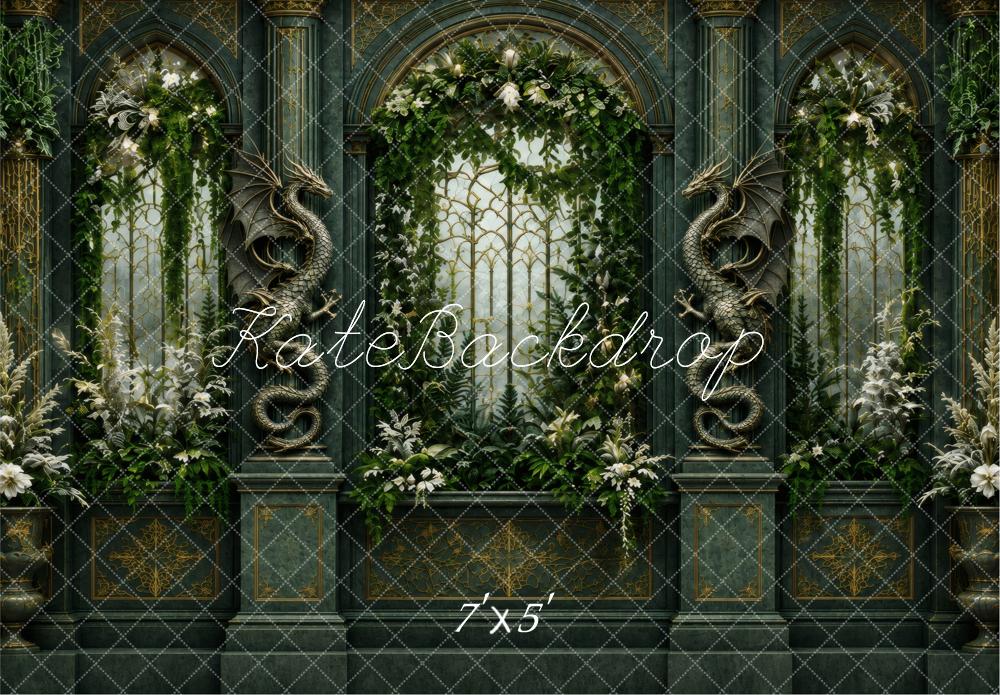 Kate Fantasy Dragon Gothic Arch Window Garden Printed Backdrop Designed by Vertigo Productions