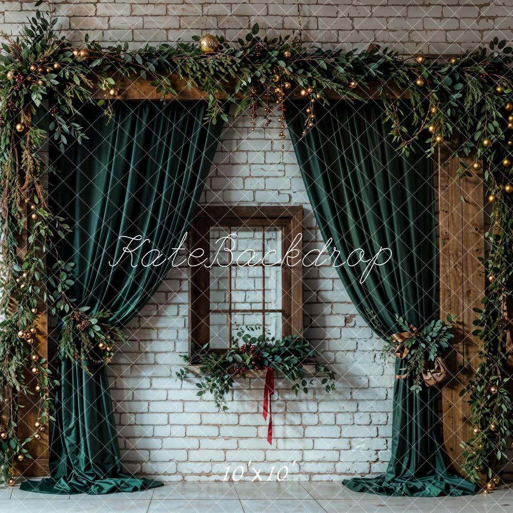 Kate Christmas Green Curtain Brown Window White Brick Wall Printed Backdrop Designed by Emetselch