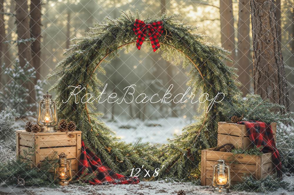 Kate Christmas Greenery Wreath Forest Crates Lanterns Printed Backdrop Designed by Emetselch