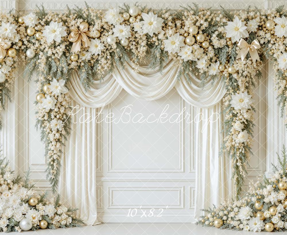 Kate Christmas White Gold Flower Arch Drapes Printed Backdrop Designed by Mini MakeBelieve