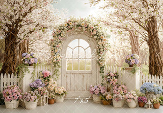 Kate Flower Arch White Door Cherry Blossom Garden Printed Backdrop Designed by Emetselch