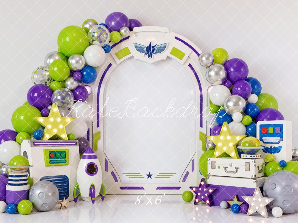 Kate Cake Smash Space Arch Balloons Rocket Stars Control Panel Printed Backdrop Designed by Mini MakeBelieve