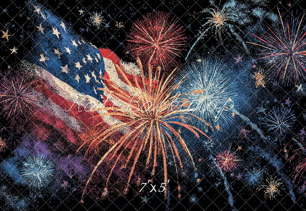 Kate Independence Day American Flag Fireworks Night Sky Backdrop Designed by Angela Miller