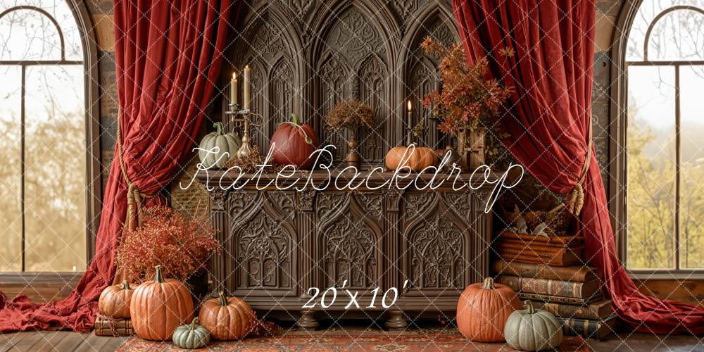 Kate Fall Gothic Cabinet Pumpkins Red Drapes Backdrop Designed by Emetselch