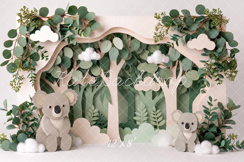 Kate Cake Smash Paper Forest Koala Eucalyptus Greenery Printed Backdrop Designed by Angela Miller